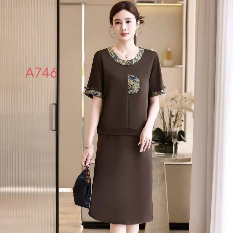 妈妈夏装新中式休闲短袖国风气质两件套裙A746