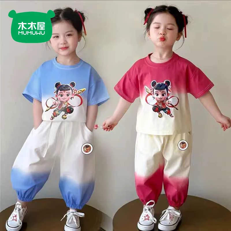 木木屋哪吒儿童套装女童夏装洋气新款中童女孩短袖防蚊裤两件套潮