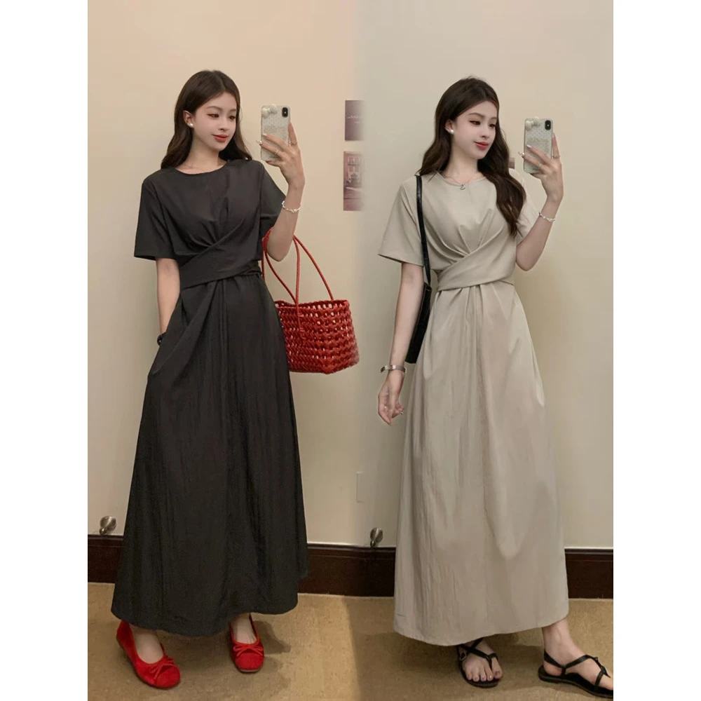 大码女装设计感交叉绑带收腰连衣裙胖mm显瘦遮肚休闲气质长裙