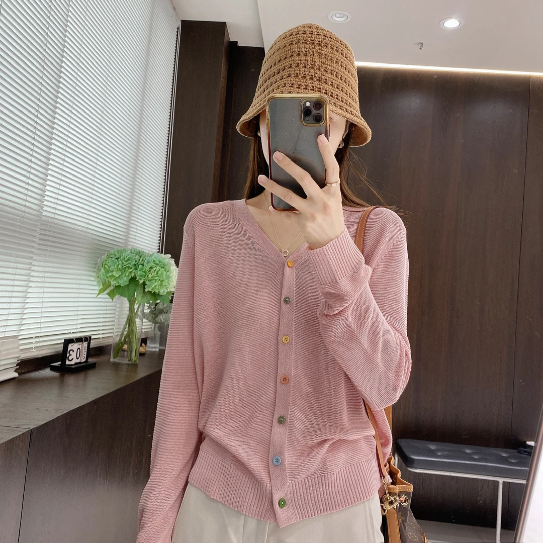 IMFLY金小金自制女装 针织衫DYW9070欧若风V领彩色扣薄款针织开衫