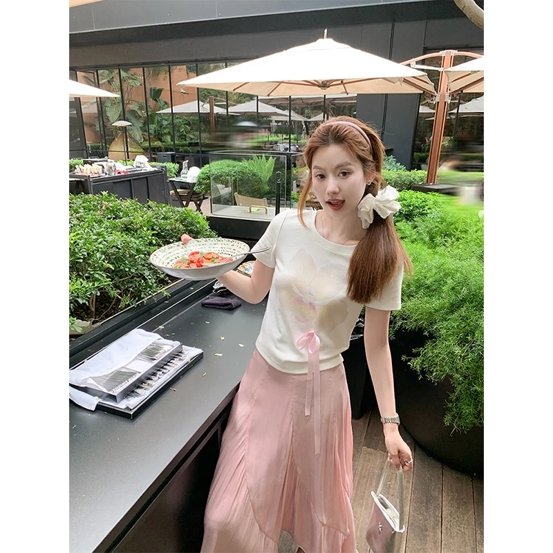 曾小咸韩系甜美蝴蝶结印花正肩短袖T恤Z252TXR6130