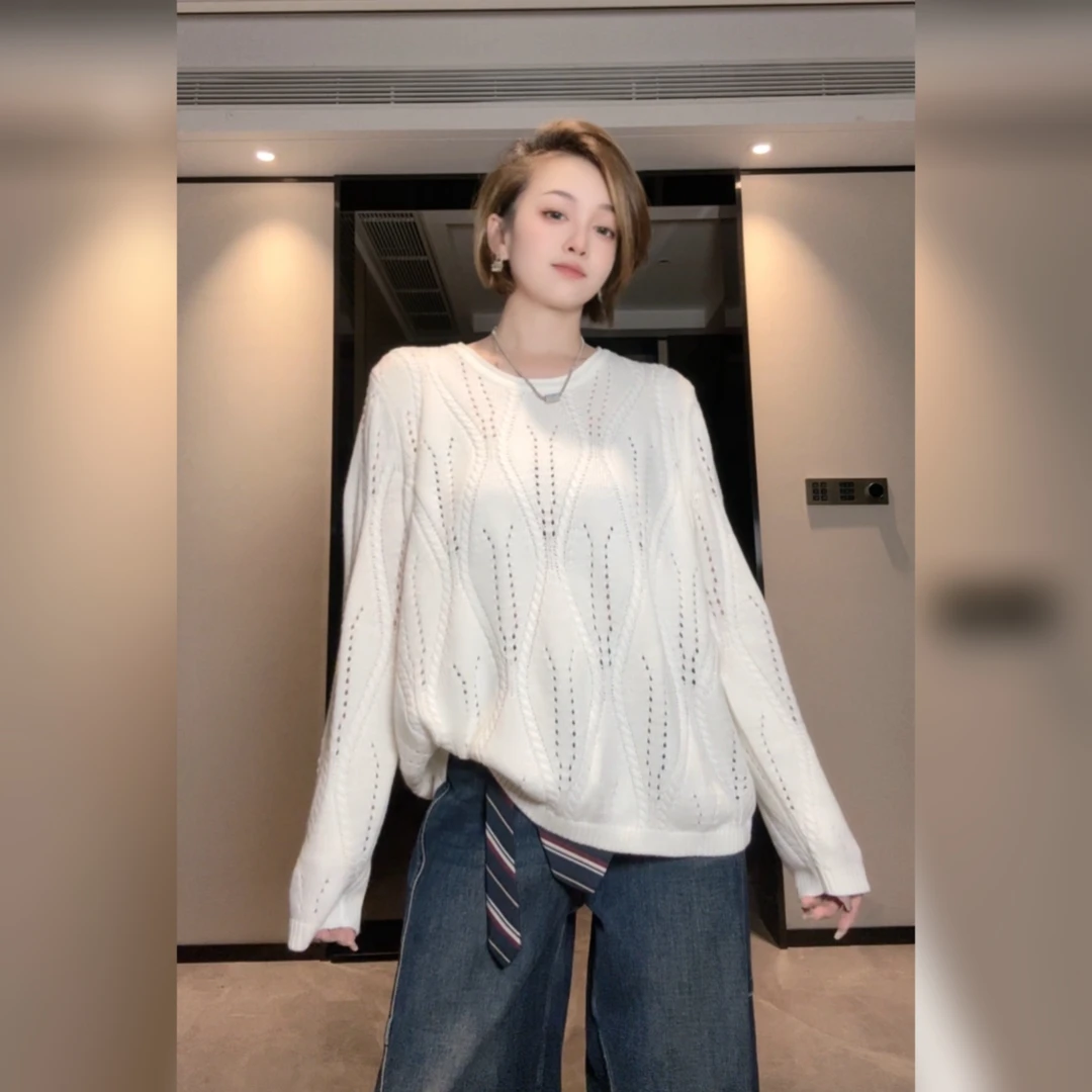 6575韩版纯色气质款宽松显瘦圆领长袖毛衣针织衫