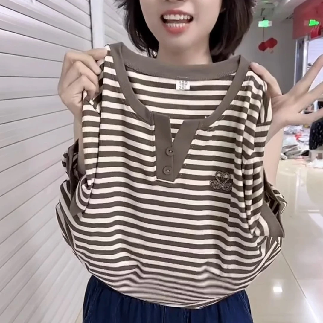 840咖色条纹妈妈翻领短袖t恤女夏季polo衫运动时尚休闲上衣大码