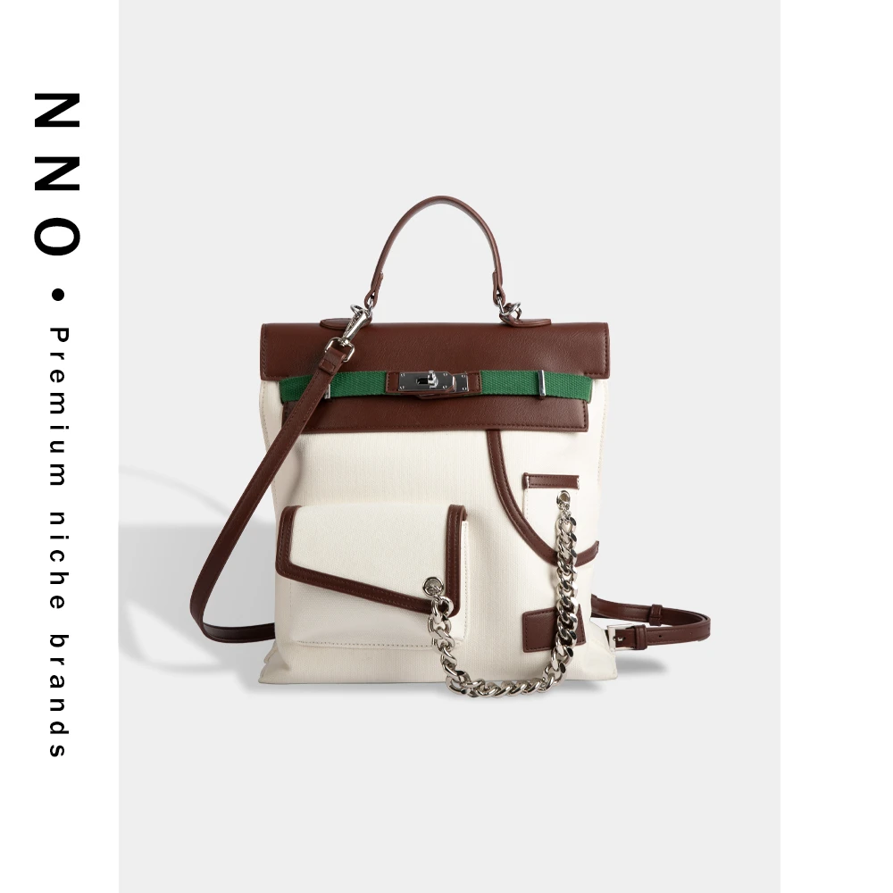 nno重工亚麻时尚复古拼色大容量双肩包3326
