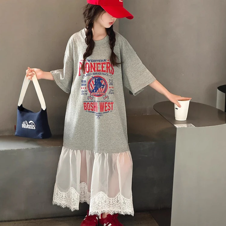 女童连衣裙儿童公主裙夏装2025新款时髦灰色T恤裙宽松字母裙子潮