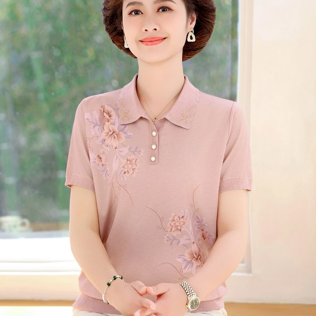 妈妈装夏季冰丝上衣50岁薄款洋气中老年人女短袖t恤小衫宽松女装