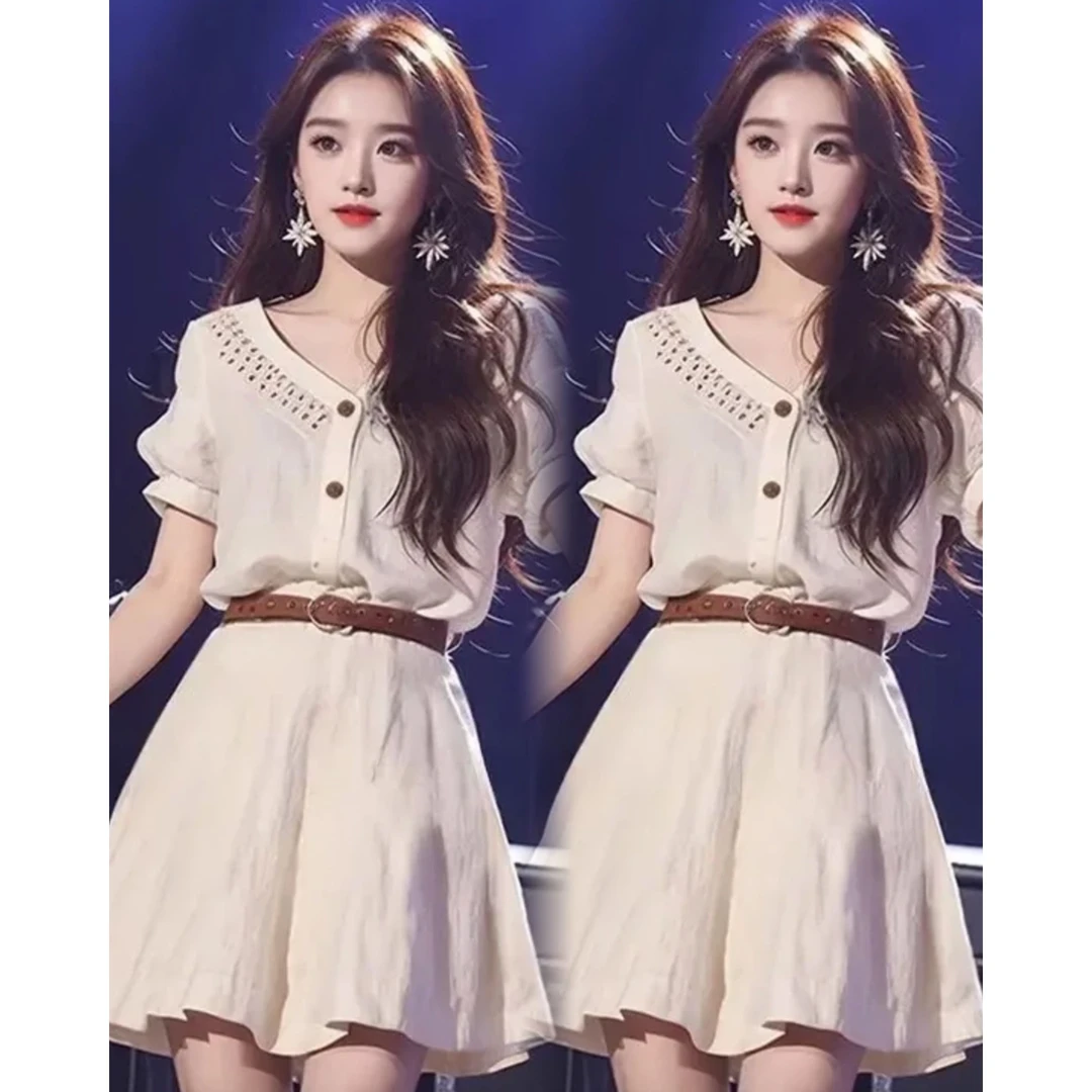 2025新款今年流行爆款初夏穿搭超好看独特漂亮桔梗V领短袖连衣裙