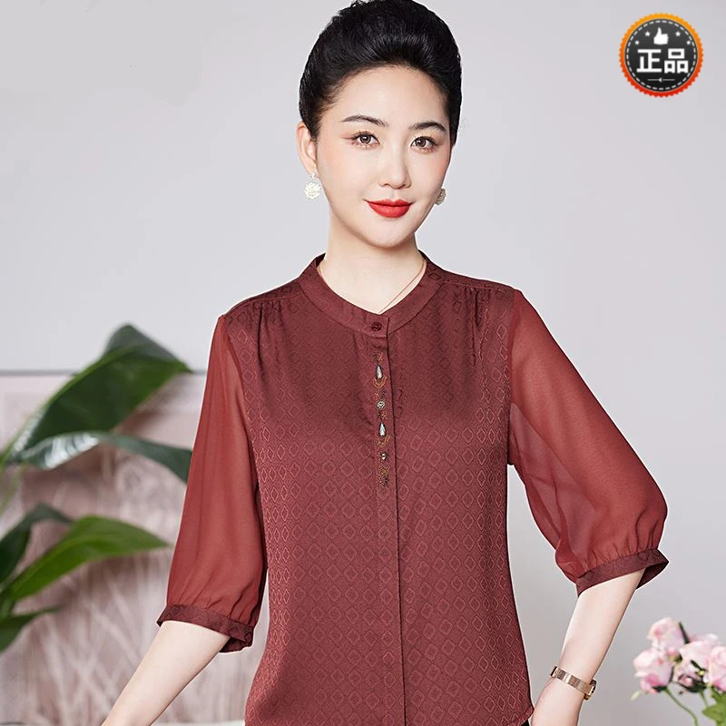 妈妈夏装洋气真丝衬衫女中老年夏季新款香云纱上衣短袖桑蚕丝衬衣