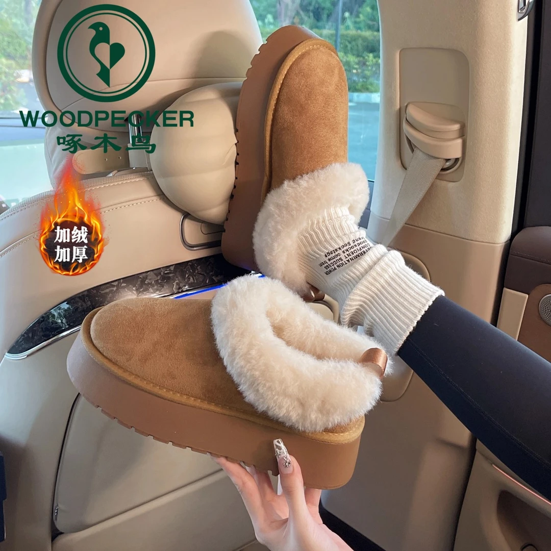 啄木鸟厚底一脚蹬懒人毛毛棉鞋女2025冬季新款加绒加厚东北雪地靴