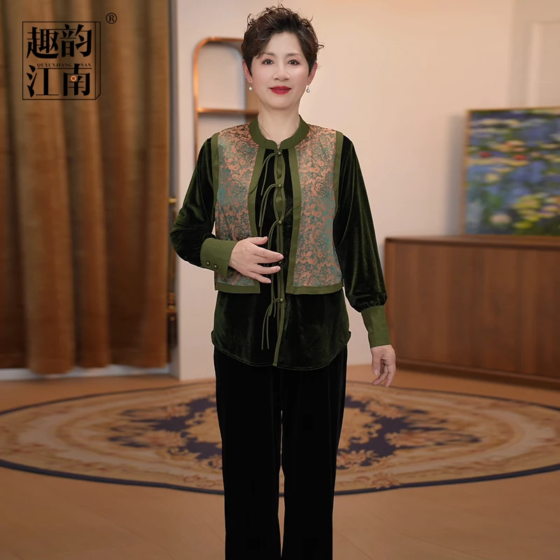 趣韵江南国风中老年妈妈装气质上衣洋气早春盘扣拼接印花时尚女装