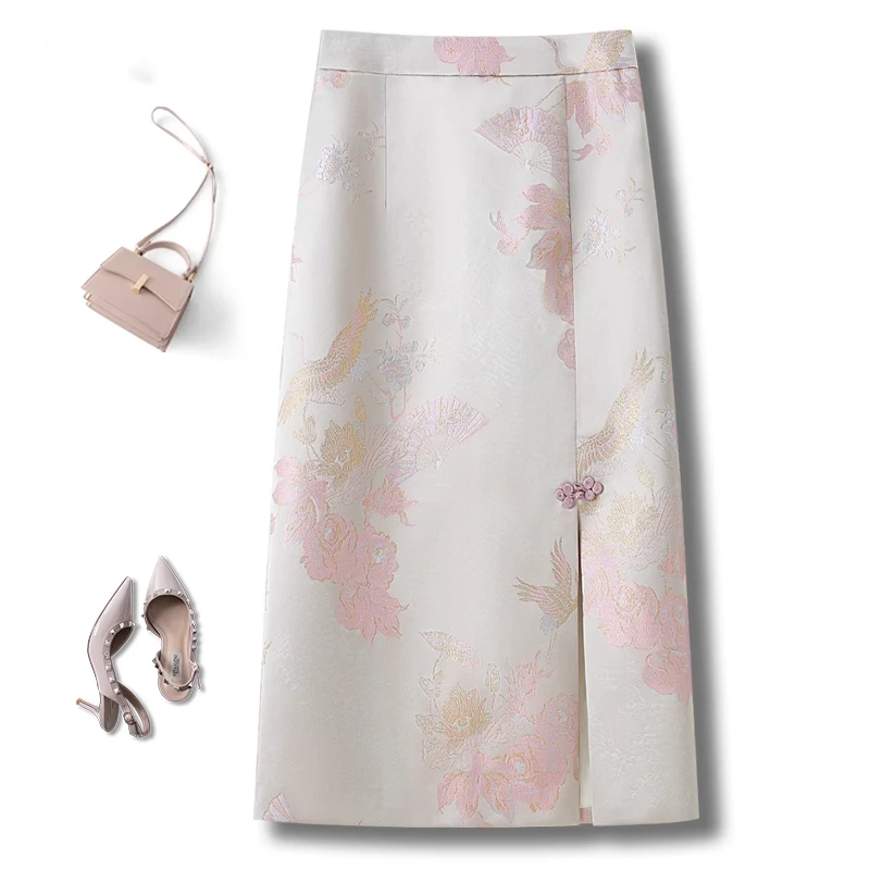 La babite拉贝缇新中式国风半身裙女新款刺绣开叉包臀裙中长a字裙