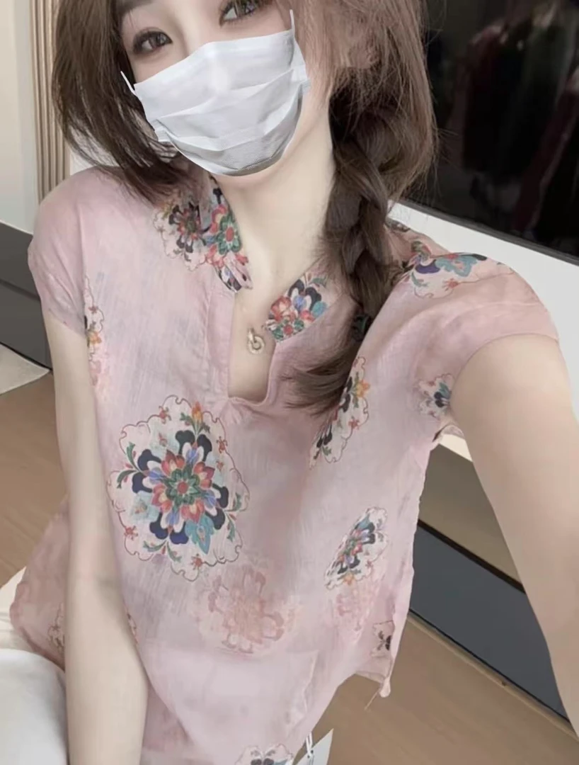 新中式V领盘扣短袖衬衫女夏新款设计感短款文艺减龄气质显瘦上衣