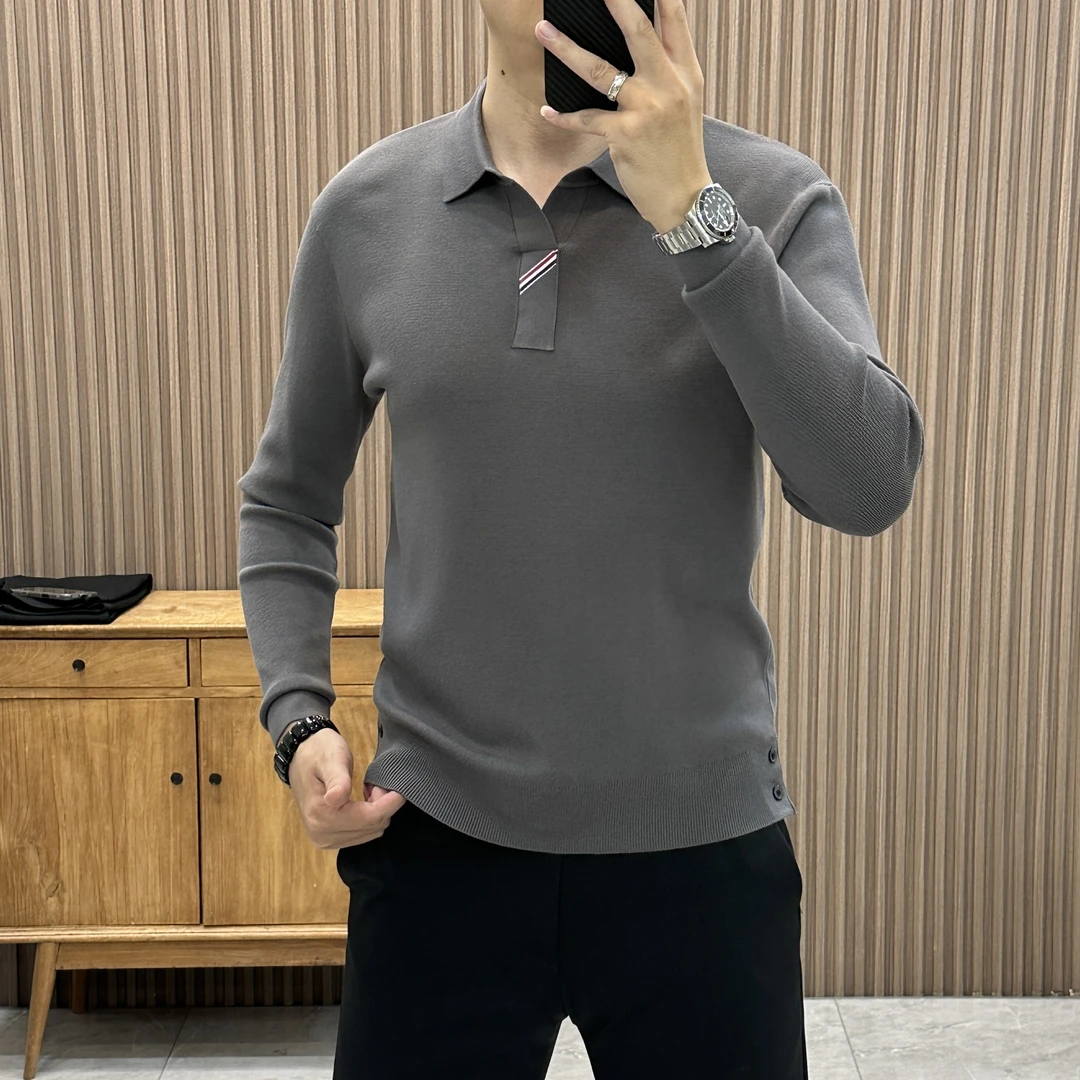 秋季轻奢翻领长袖修身针织亲肤气质男免烫Polo衫男士上衣86580