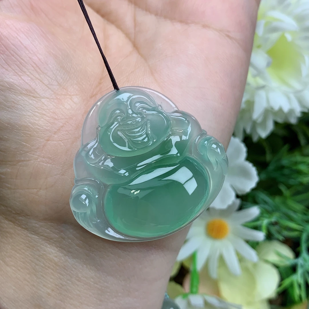 缅甸天然翡翠a货玉石高冰起胶晴绿佛公吊坠尺寸30.5/37.4/6.8mm大
