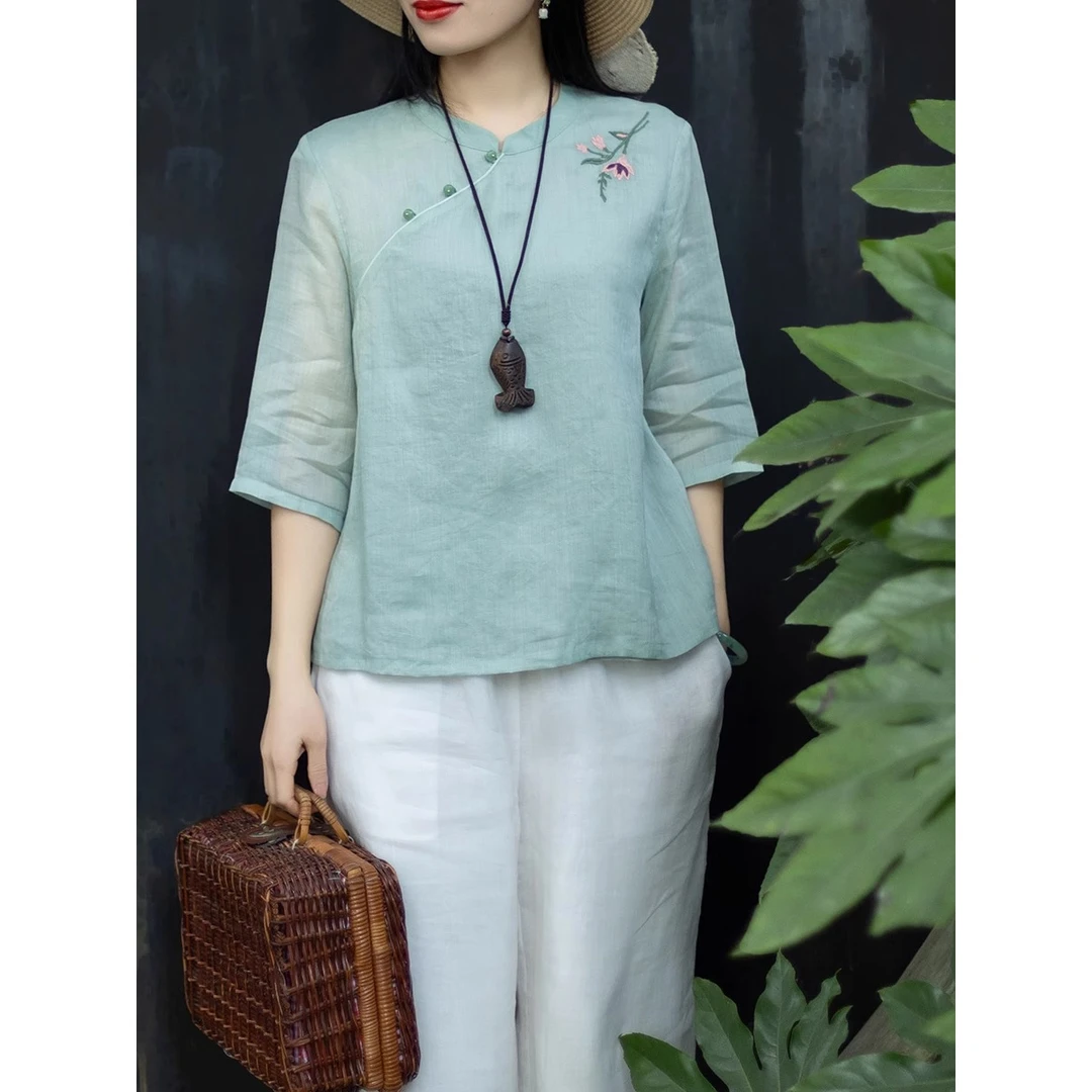 2025新款棉麻五分袖新中式衬衫女国风重工刺绣立领斜襟小衫上衣女
