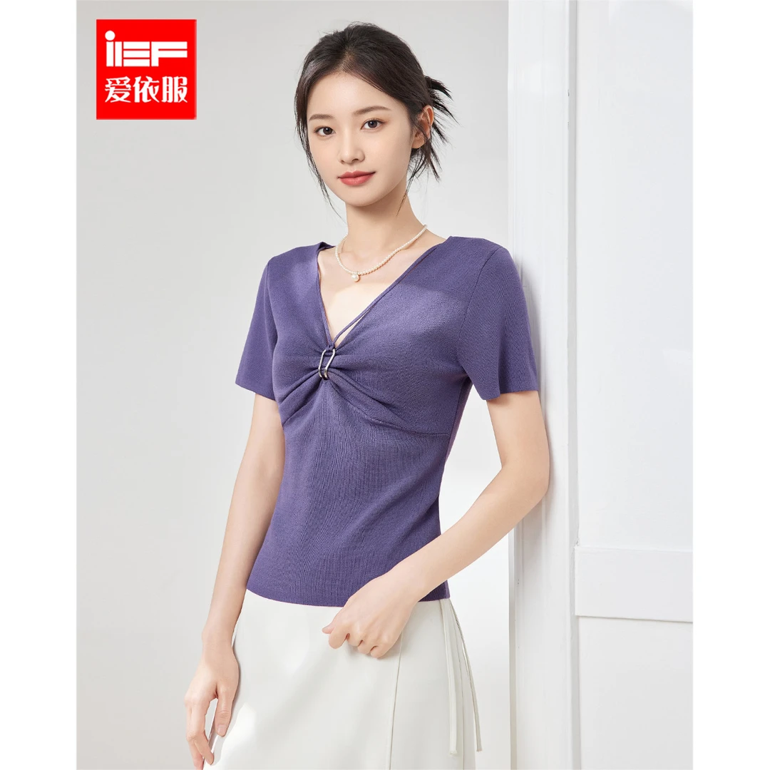 IEF/爱依服高个子2025夏季新款韩版成熟优雅通勤气质V领毛织上衣