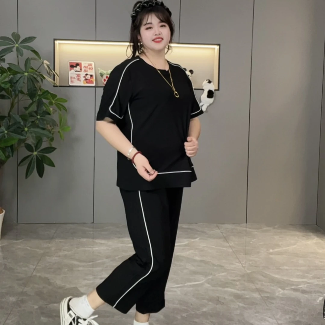 夏季新款2864设计感线条短袖➕裤子两件套大码遮肉显瘦弹力休闲装