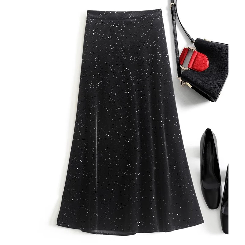 VONSRMAN黑色高密亮片丝绒鱼尾裙高腰显瘦百搭半身裙女春季新款坠
