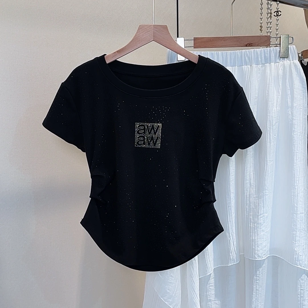 满天星烫钻气质打底衫女士高弹性修身圆领短袖T恤