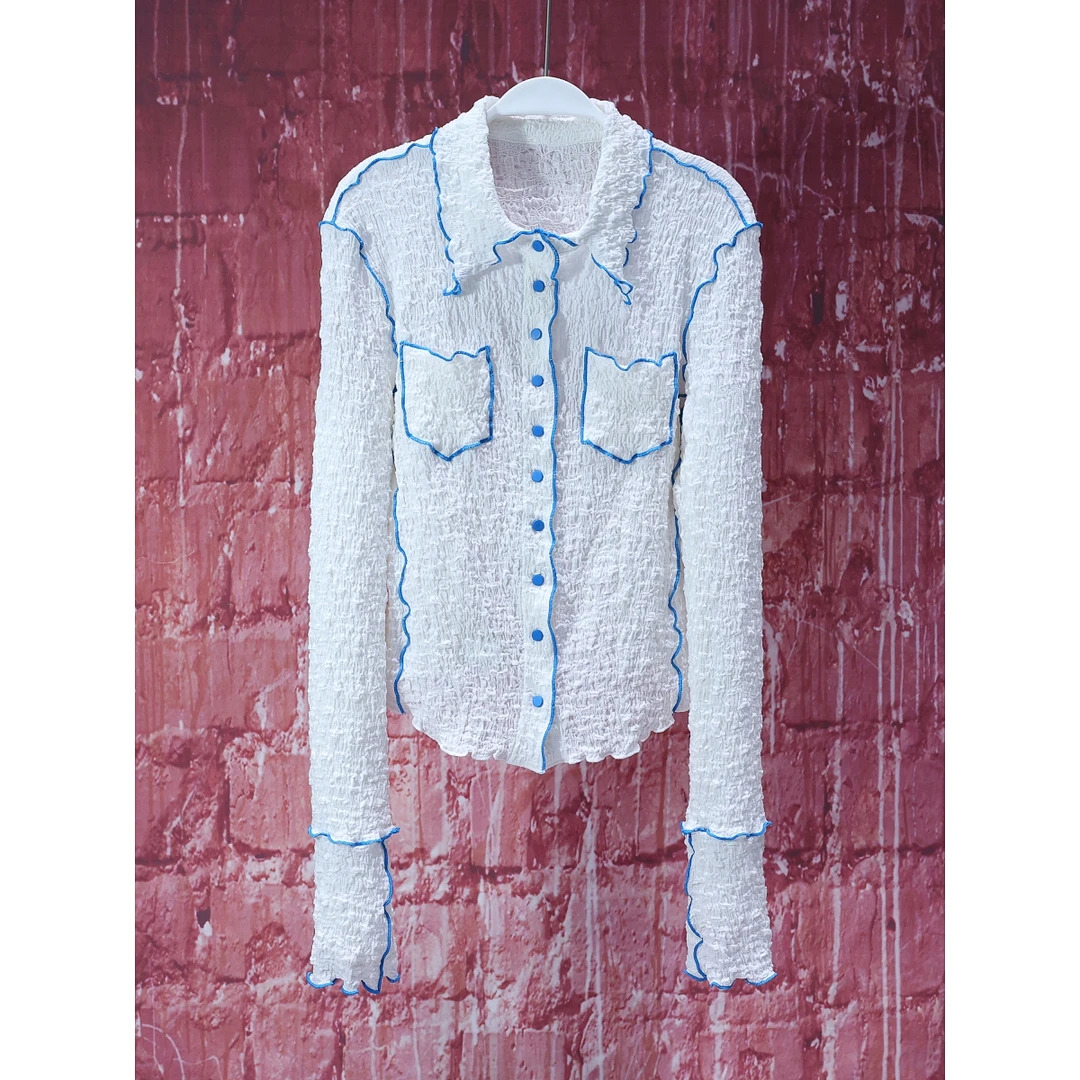 【韩哥女装】设计师高定欧货小众白色线条感修身长袖衫7138A