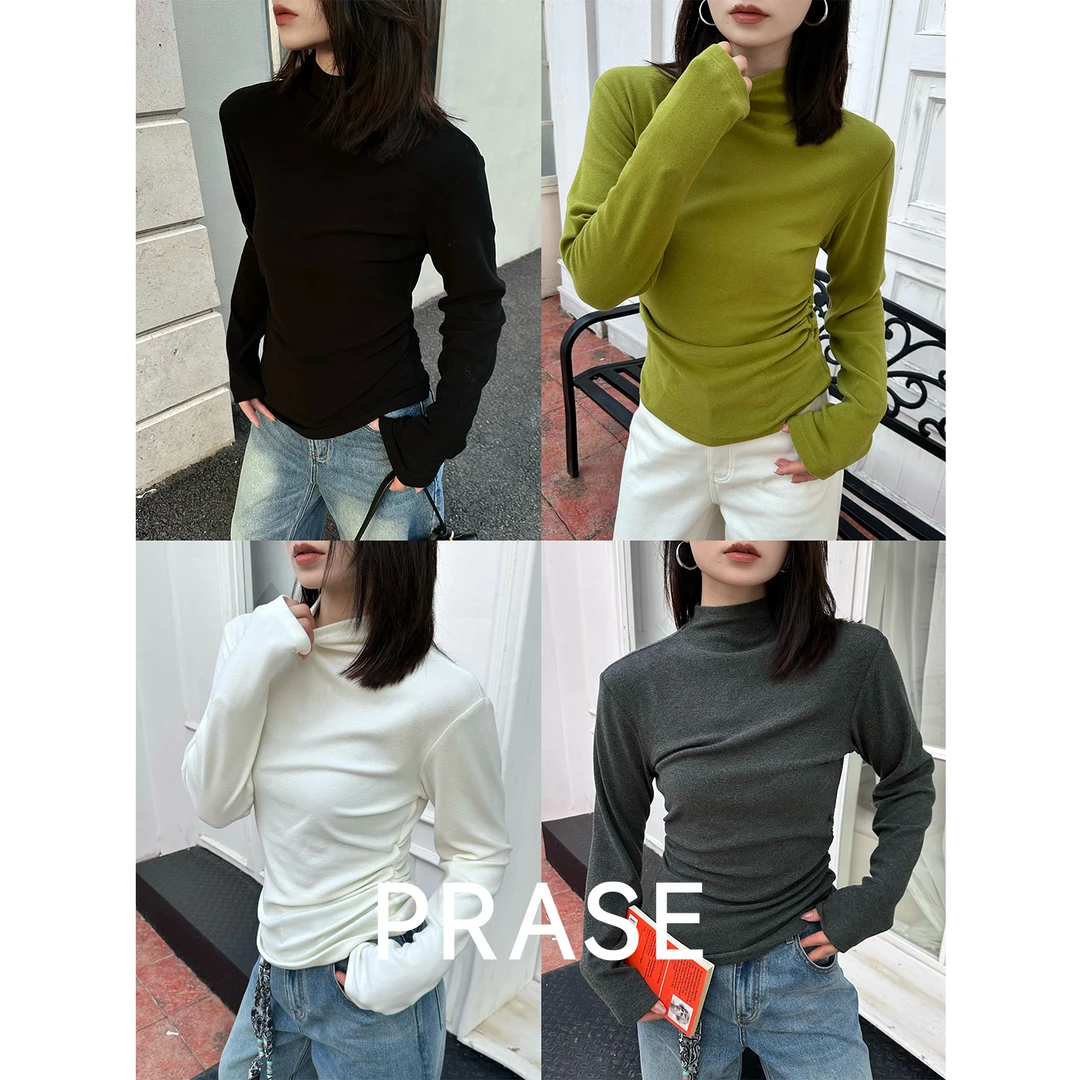 PRASE·噜【宝藏打底】美利奴羊毛收腰抽褶针织半高领T恤女PR510S19