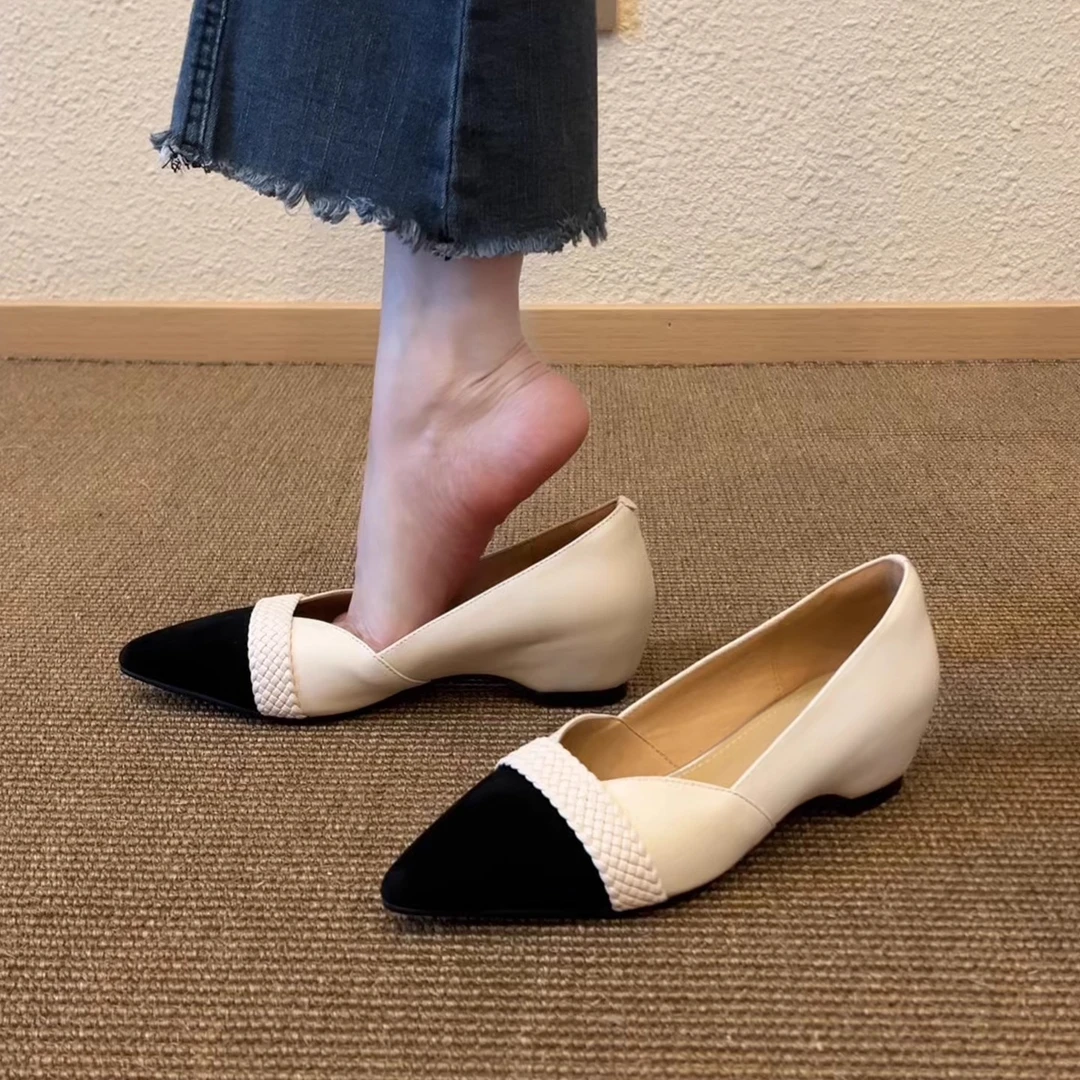Pokoy-4cm法式复古尖头拼色浅口舒适女单鞋通勤黑色