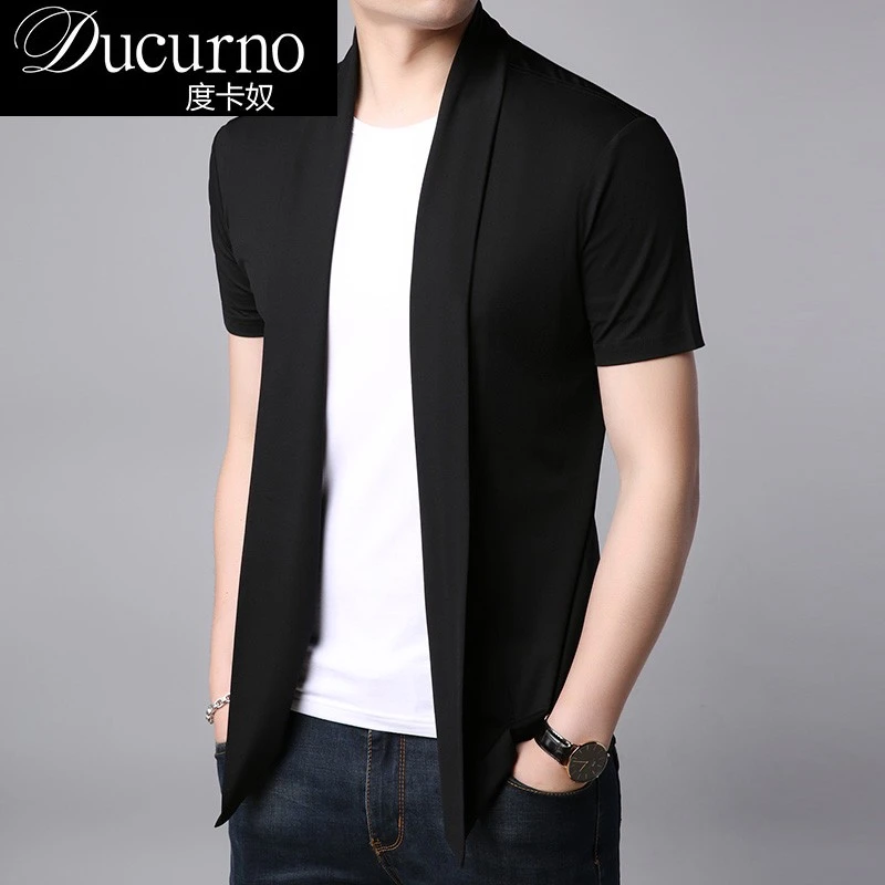 冰丝短袖T恤男假两件开衫夏季薄款空调衫潮流韩版垂坠感披肩外套