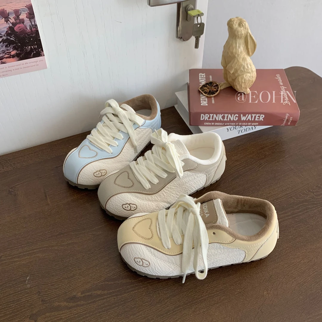 【eohn】2025冬季加绒浅色德训鞋爱心潮流设计感休闲鞋保暖百搭棉鞋