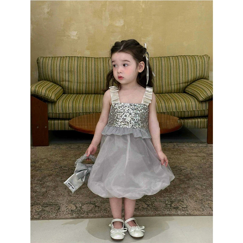 【本妈】2025夏”星辰律动”韩版女童吊带亮片花苞连衣裙258822