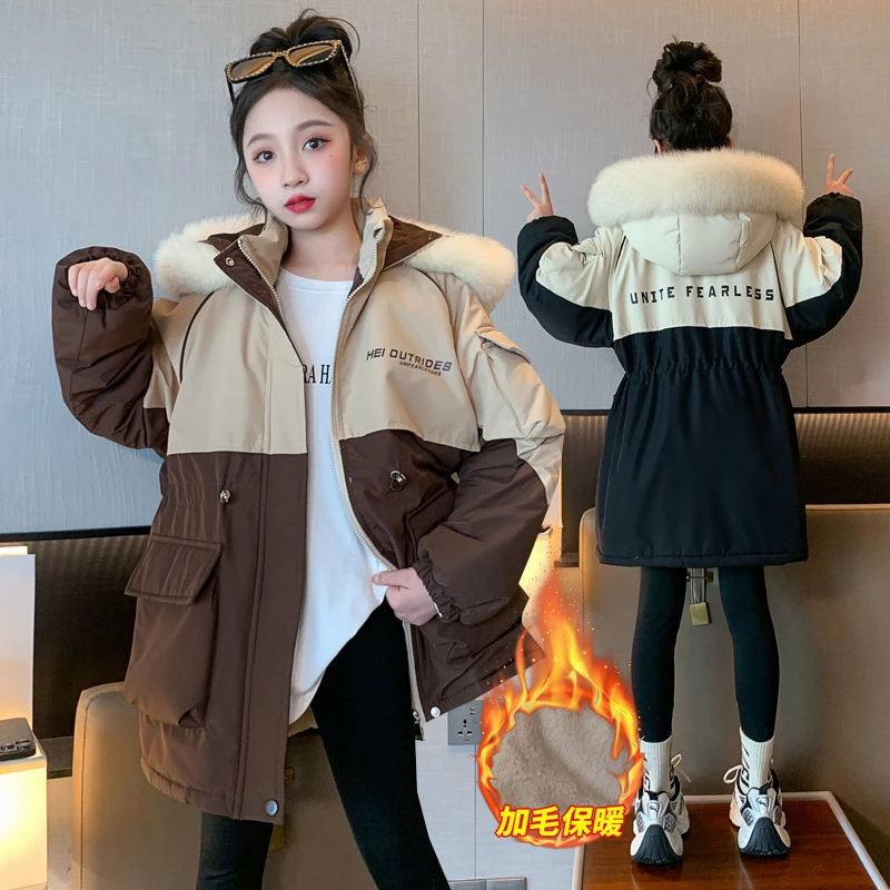女大童派克服冬装新款洋气初中生加绒外套女孩冬季中长款加厚棉衣