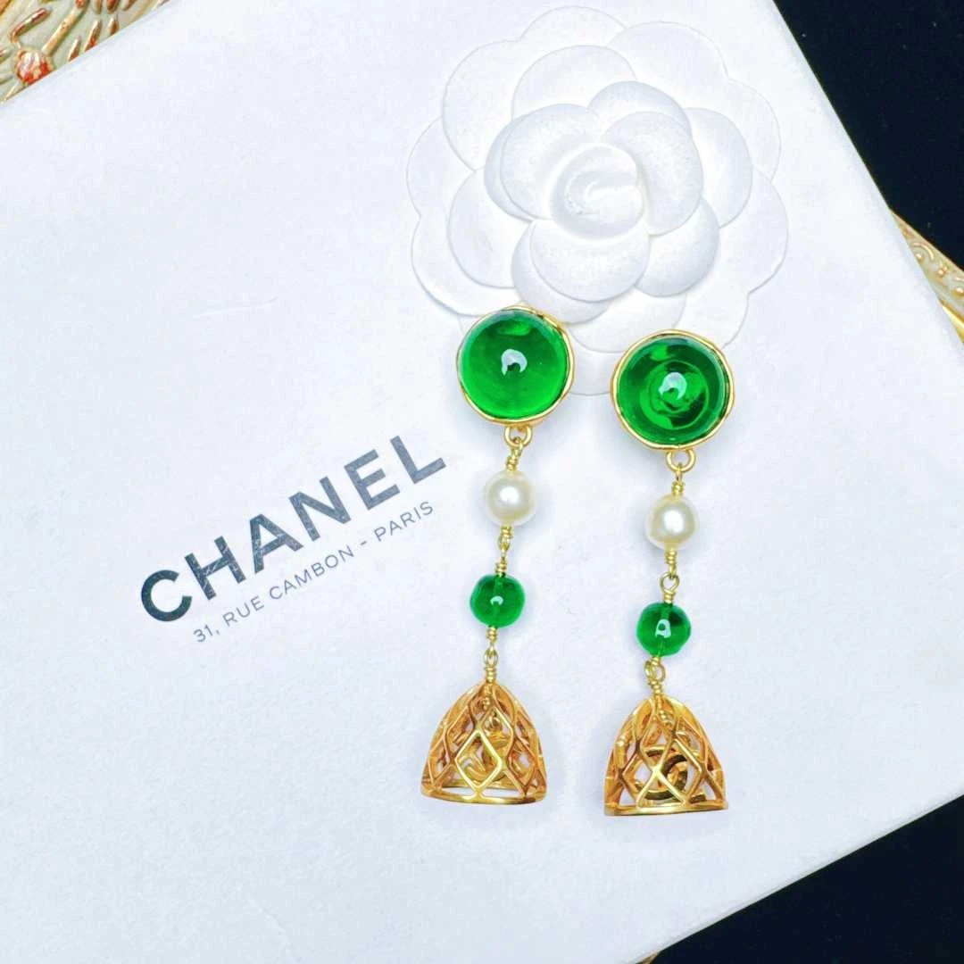 95新 Chanel/香奈儿 柚礼中古/香奈儿绿琉璃珍珠鸟笼耳夹NH509005