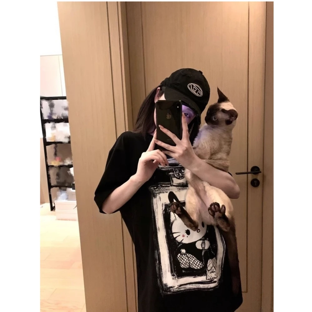 ULA LIMIT松弛白色慵懒宽松kt印花大版短袖T恤女显瘦百搭上衣夏