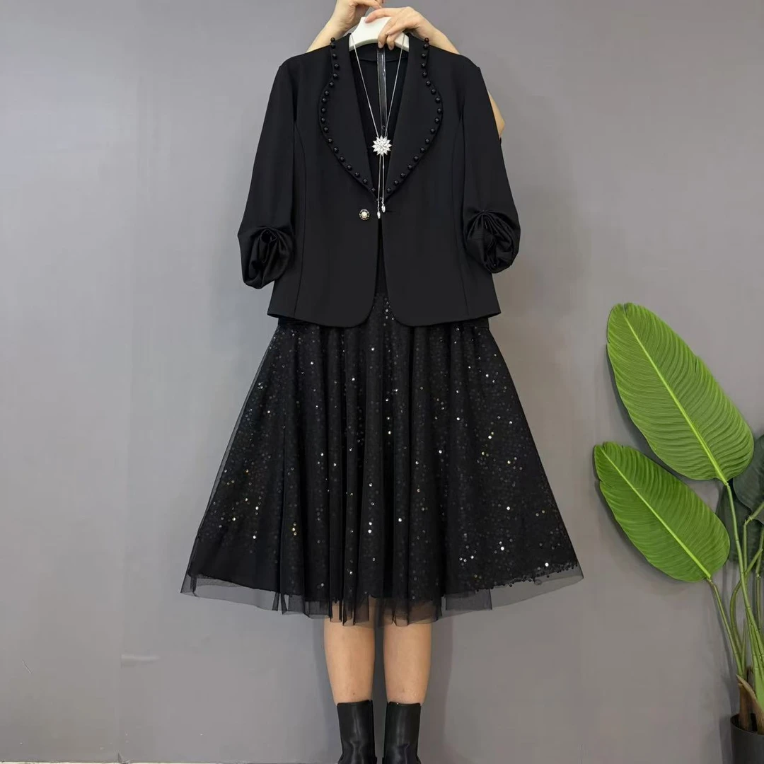早春新款大码女装时尚气西服外套十吊带亮片连衣裙两件套套装