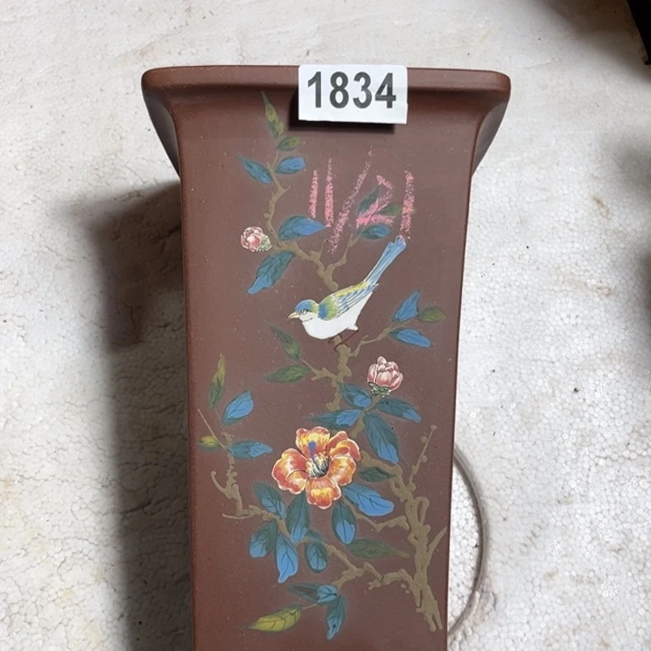 紫砂花盆 特惠紫泥彩绘四方签筒1843