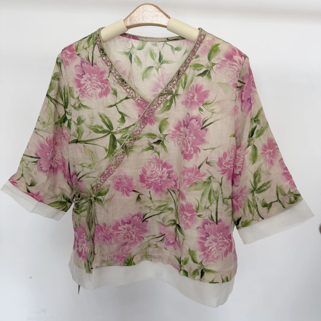 苎麻斜门襟系带中袖小衫（2色）