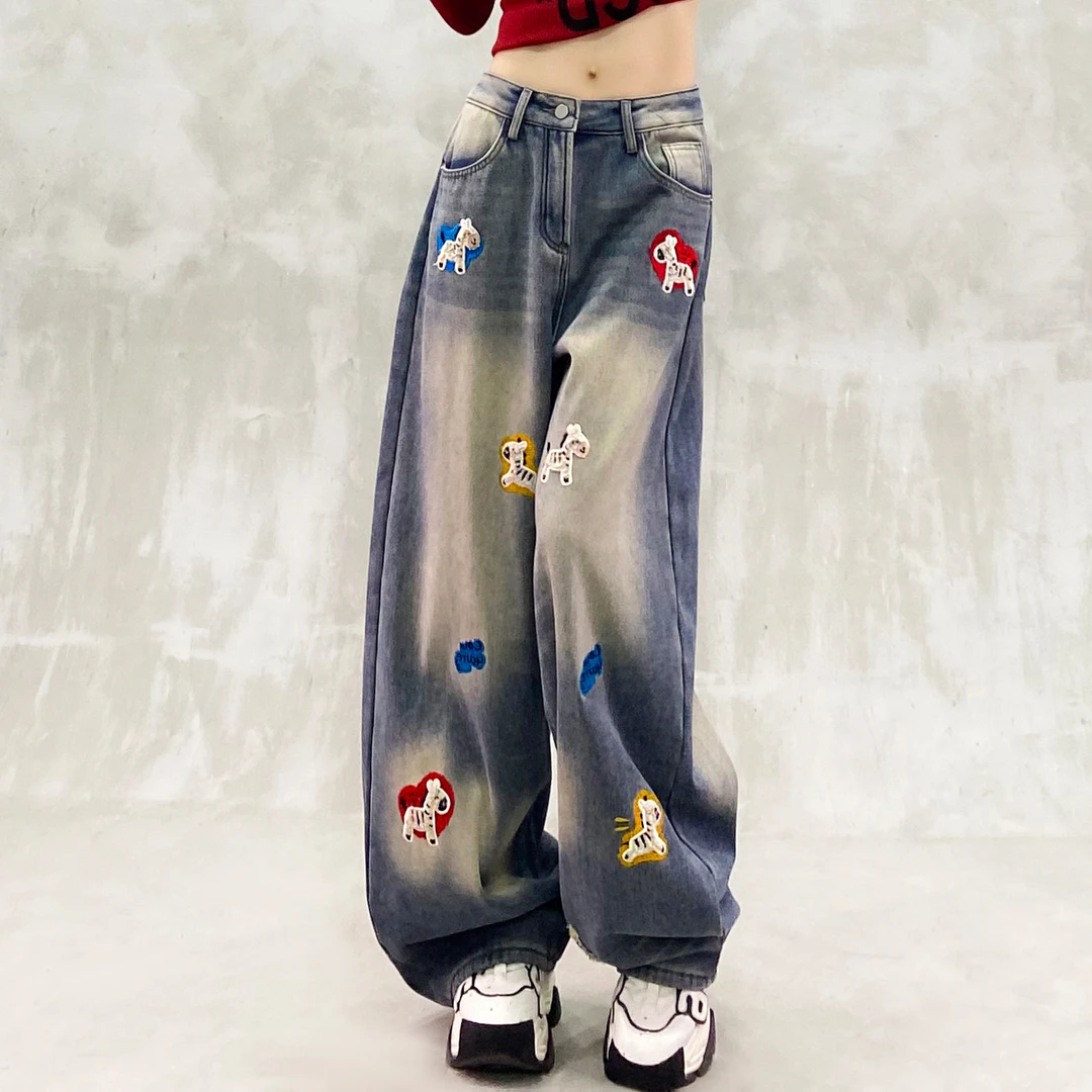 彩色图案设计加绒休闲牛仔裤女冬新款高腰宽松显瘦百搭直筒阔腿裤