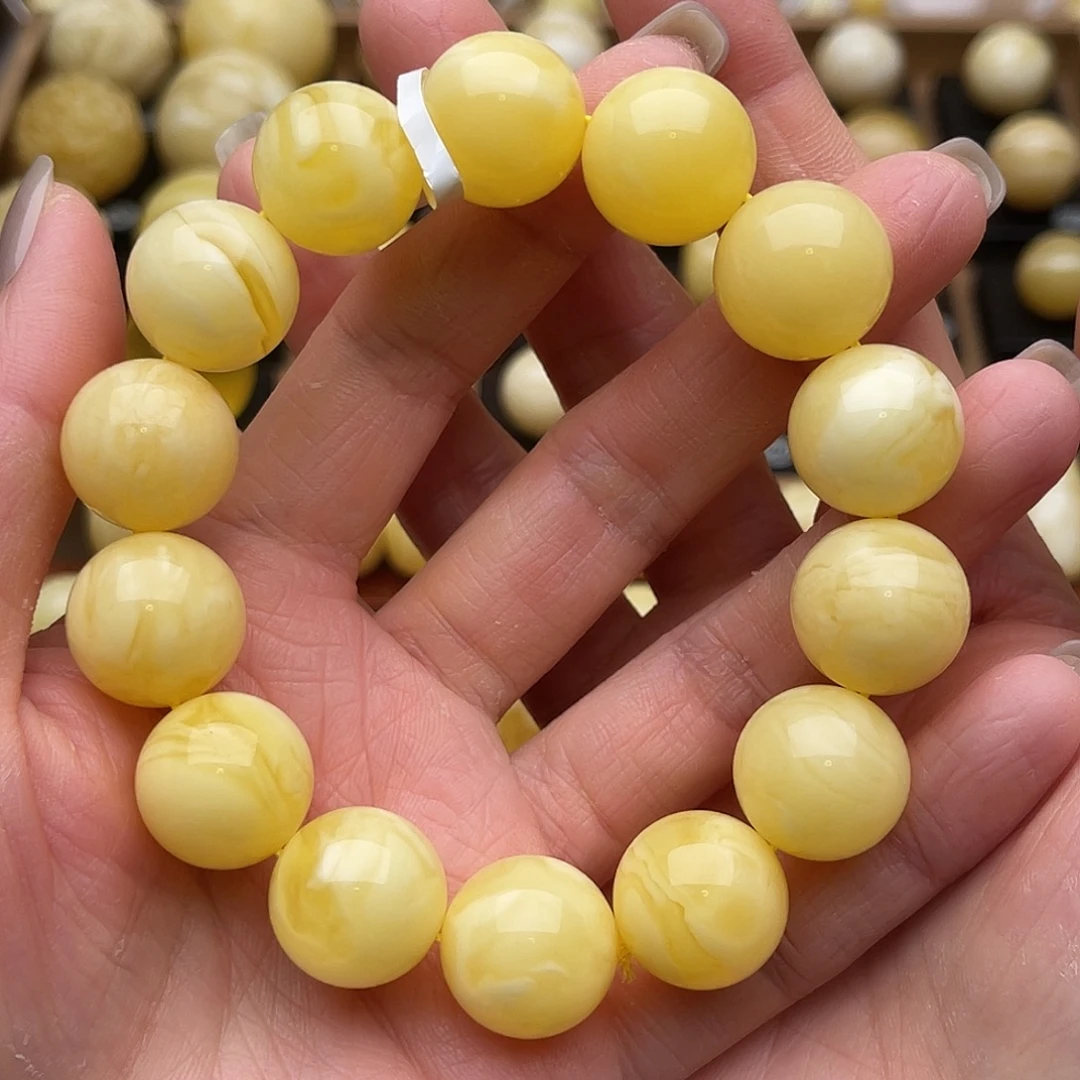 琥珀未镶嵌裸石蜜蜡鸡油黄满蜡手串
