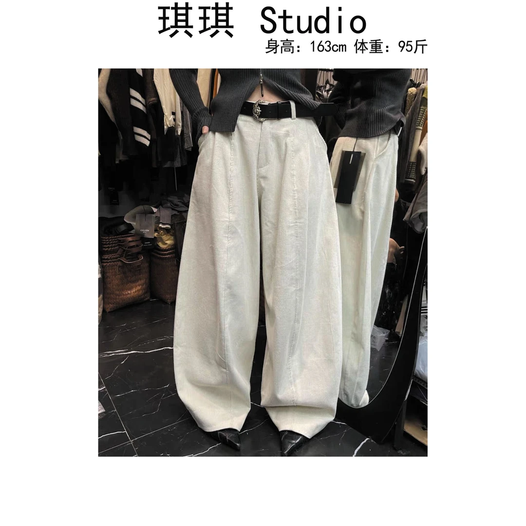 《琪琪家》冬季新款条绒内里加绒带皮带宽松显瘦减龄休闲裤8899-CS