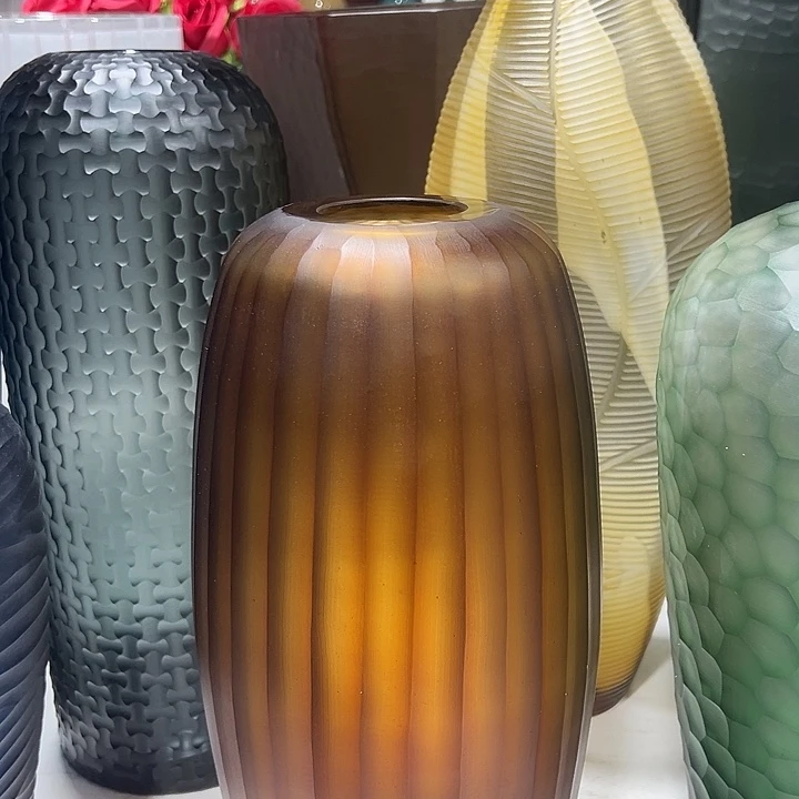 手工艺品琉璃琥珀色磨刻花瓶花器高36口6