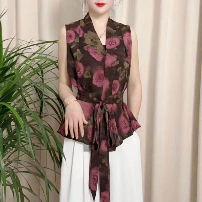 法式V领交叉复古印花无袖衬衫女夏上衣不规则设计感收腰绑带背心