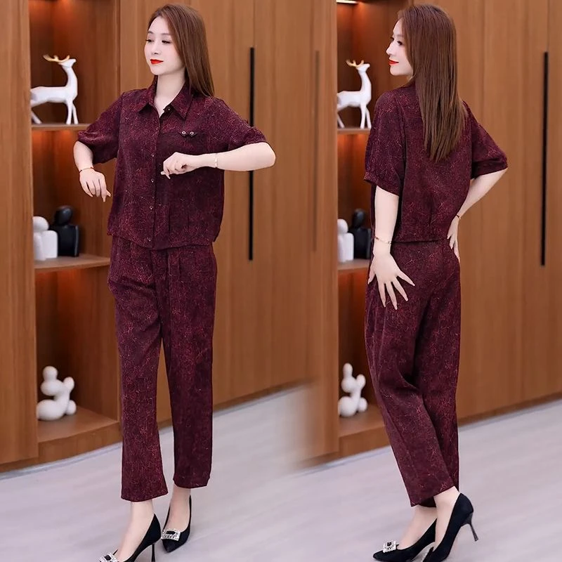 优雅妈妈夏装两件套2025时尚新款洋气显瘦印花中老年九分裤套装