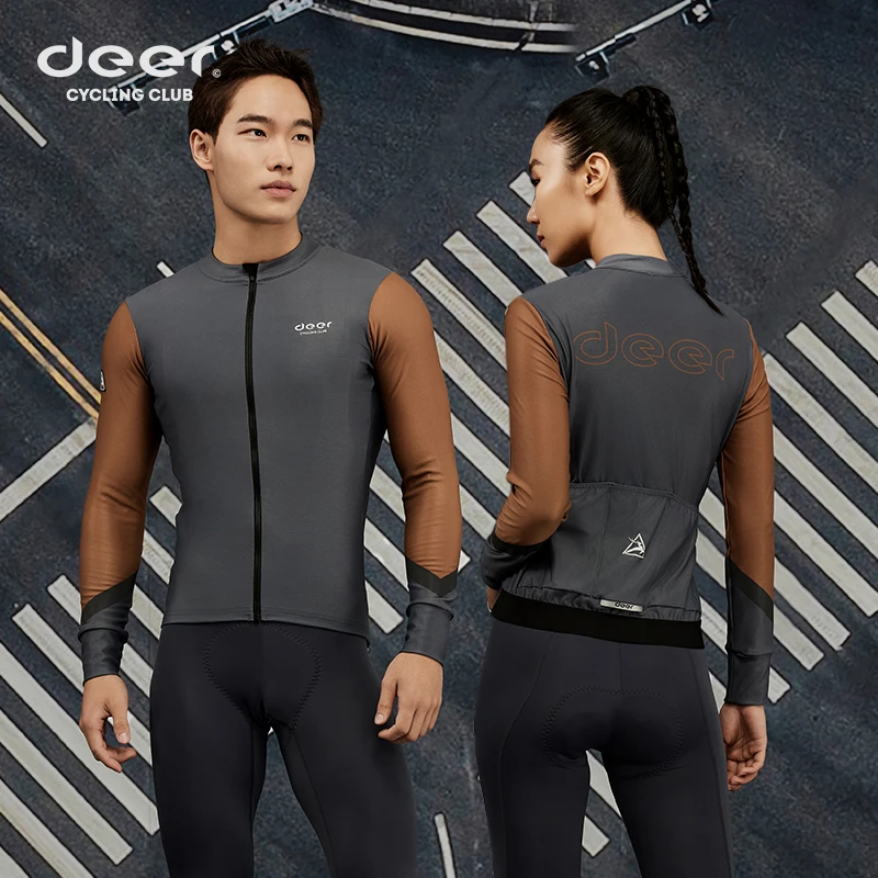 特惠【男女款】15-20℃复古拼色磨毛骑行服小鹿秋冬防风防寒持久