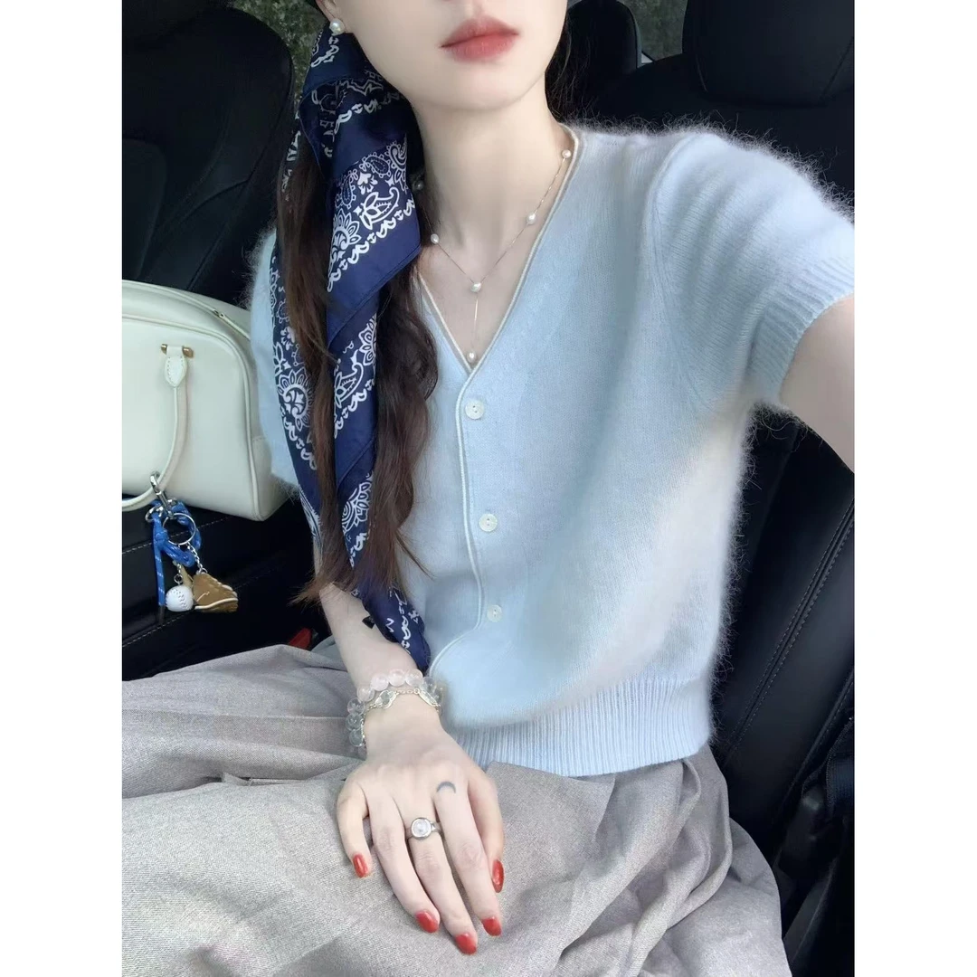 时尚复古绝美蓝色v领短袖毛衣针织开衫女秋季款上衣半身裙套装