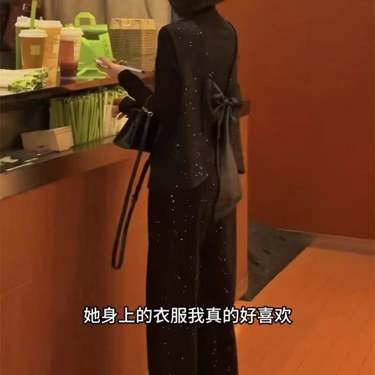 2025年春季网红新款时尚感精致气质打底衫满天星马甲裤子三件套女