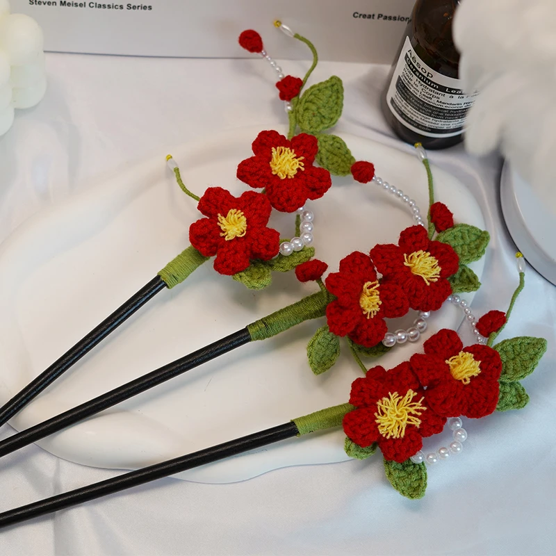 海棠花发簪  手工钩织手工DIY百搭时尚创意玩偶钩织