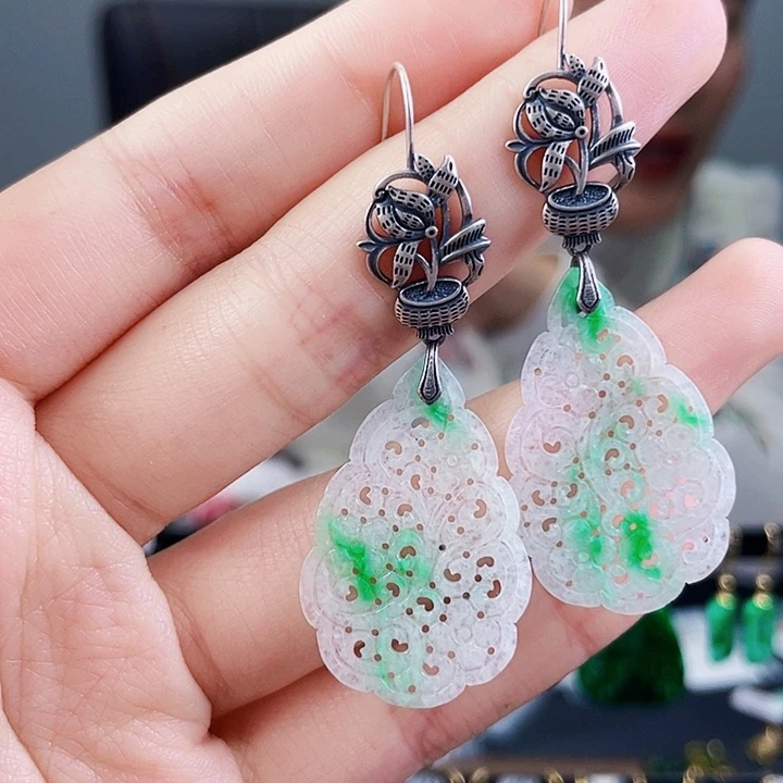 翡翠耳饰银S925镶嵌饰品