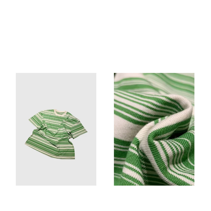 MAINRAY-「绿色曼波」复古绿条纹休闲宽松圆领撞色短袖T恤