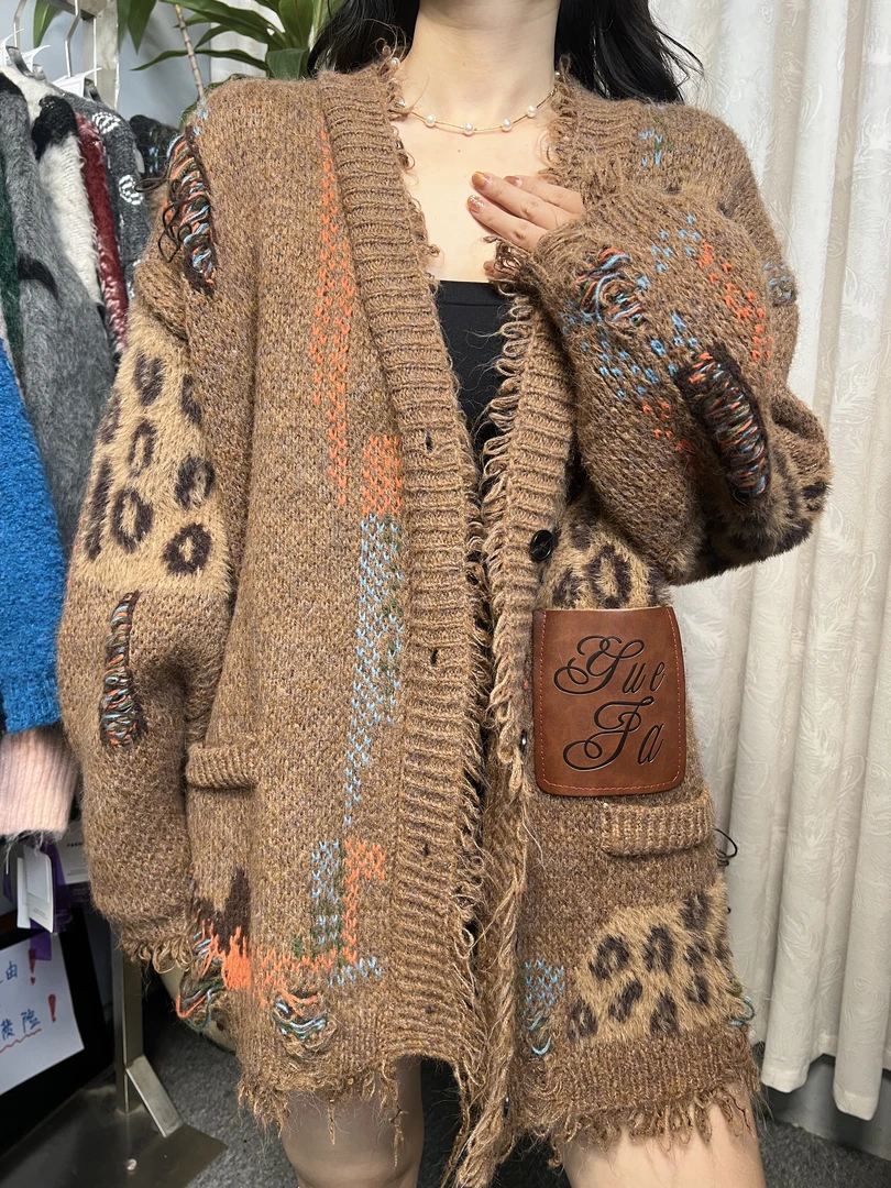 886-887豹纹毛衣开衫何穗，大张伟同款豹纹雅丹风慵懒风时尚百搭