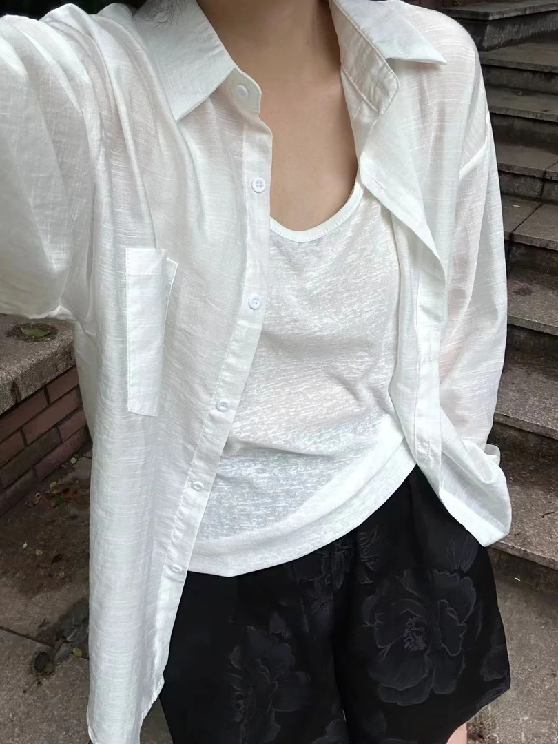 韩系白色薄款防晒长袖衬衫女夏装新款宽松慵懒风休闲衬衣女外穿