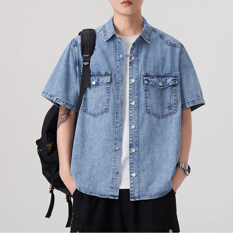 夏季薄款牛仔短袖衬衫雪花水洗浅蓝大码冰凉舒适透气纯棉休闲衬衣